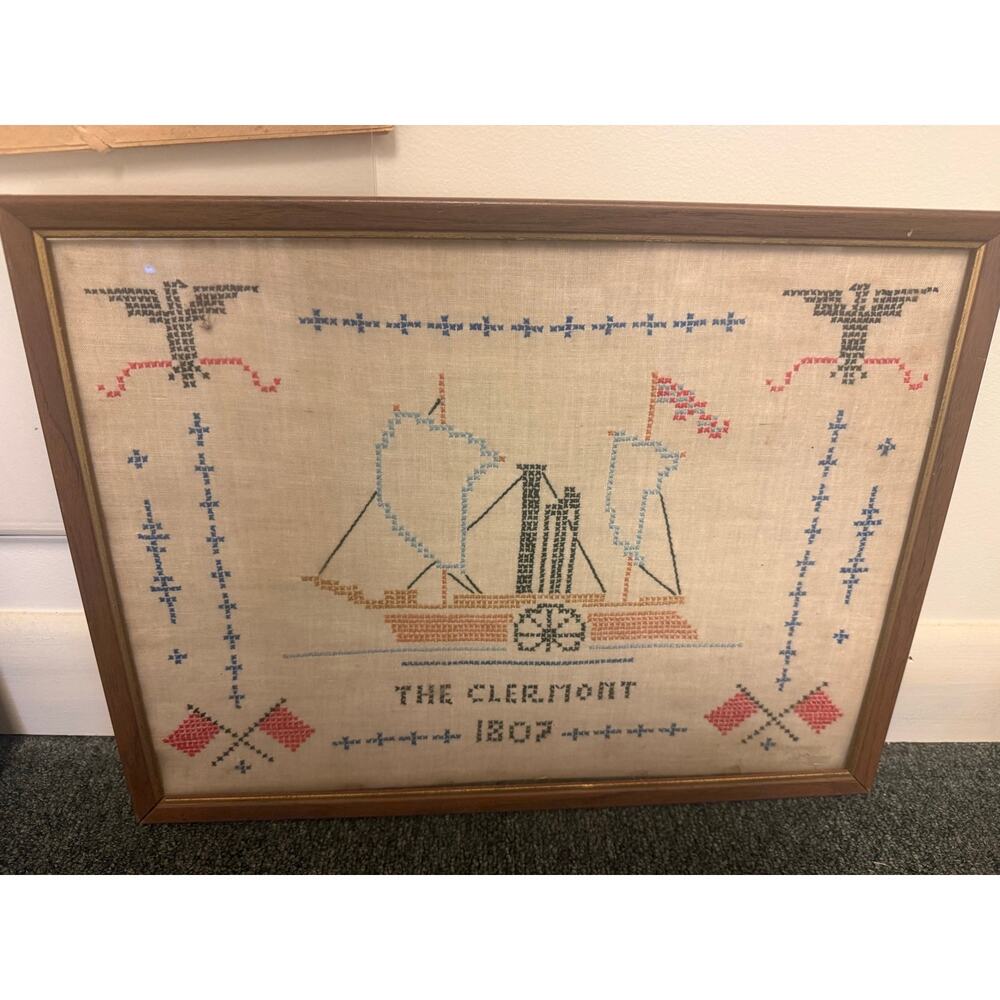 Vintage Cross-stitch Embroidery of the Steamboat The Clermont 1807 16.75x12.75”